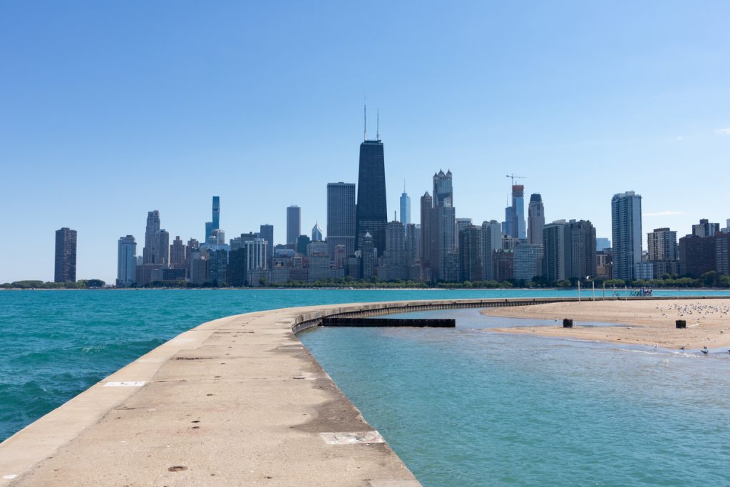 Chicago Skyline seen from a Curving Walkway at North Avenue Beach