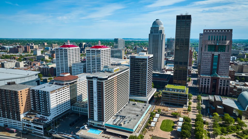 Downtown hotel skyscrapers and office buildings green roof top aerial Louisville KY