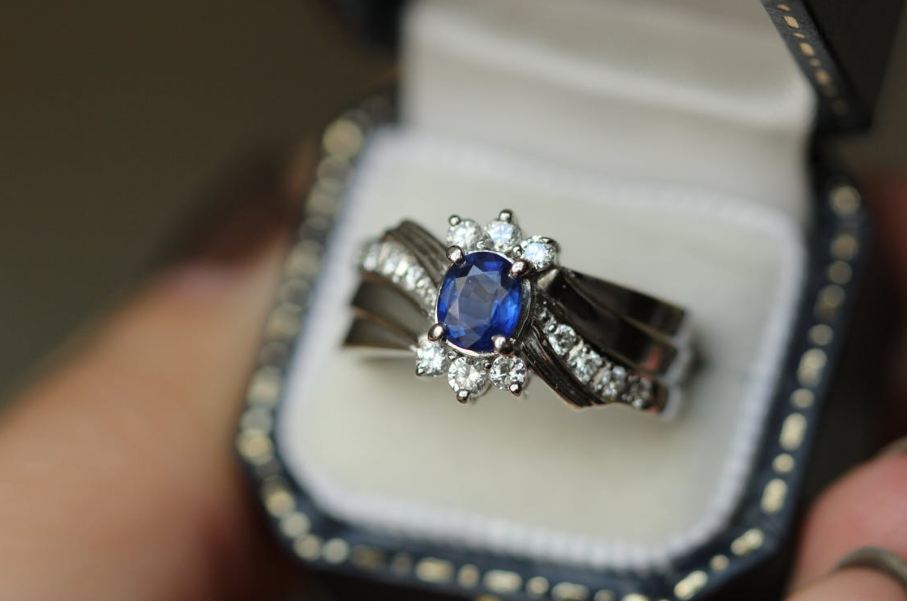 An engagement ring with a bluestone