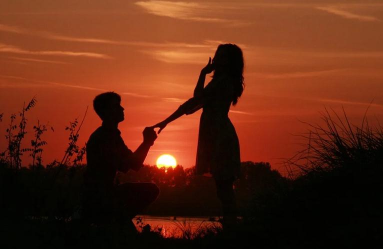 silhouette of a man proposing to a woman, sunset, grass