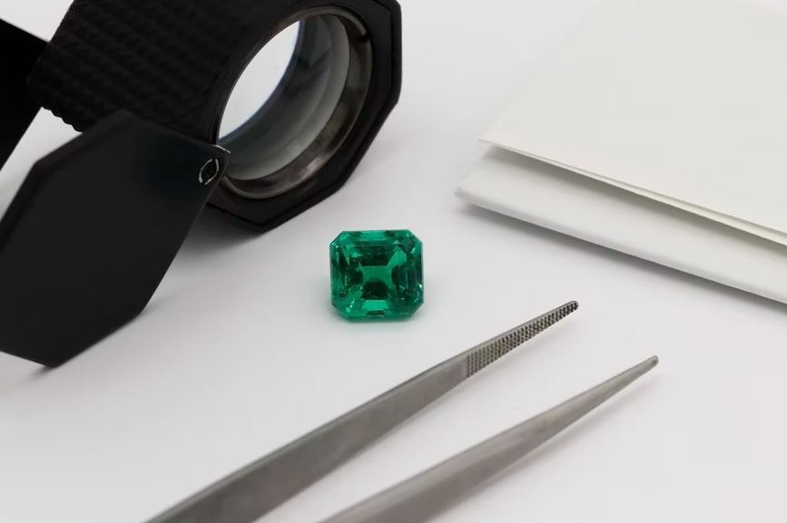 an emerald gemstone on a jeweler’s table