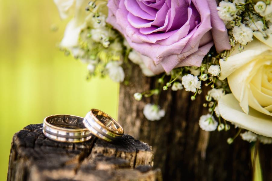 beautiful wedding rings on a log