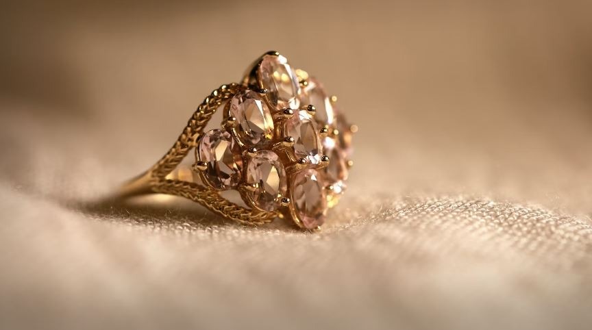 gold diamond studded ring on white textile
